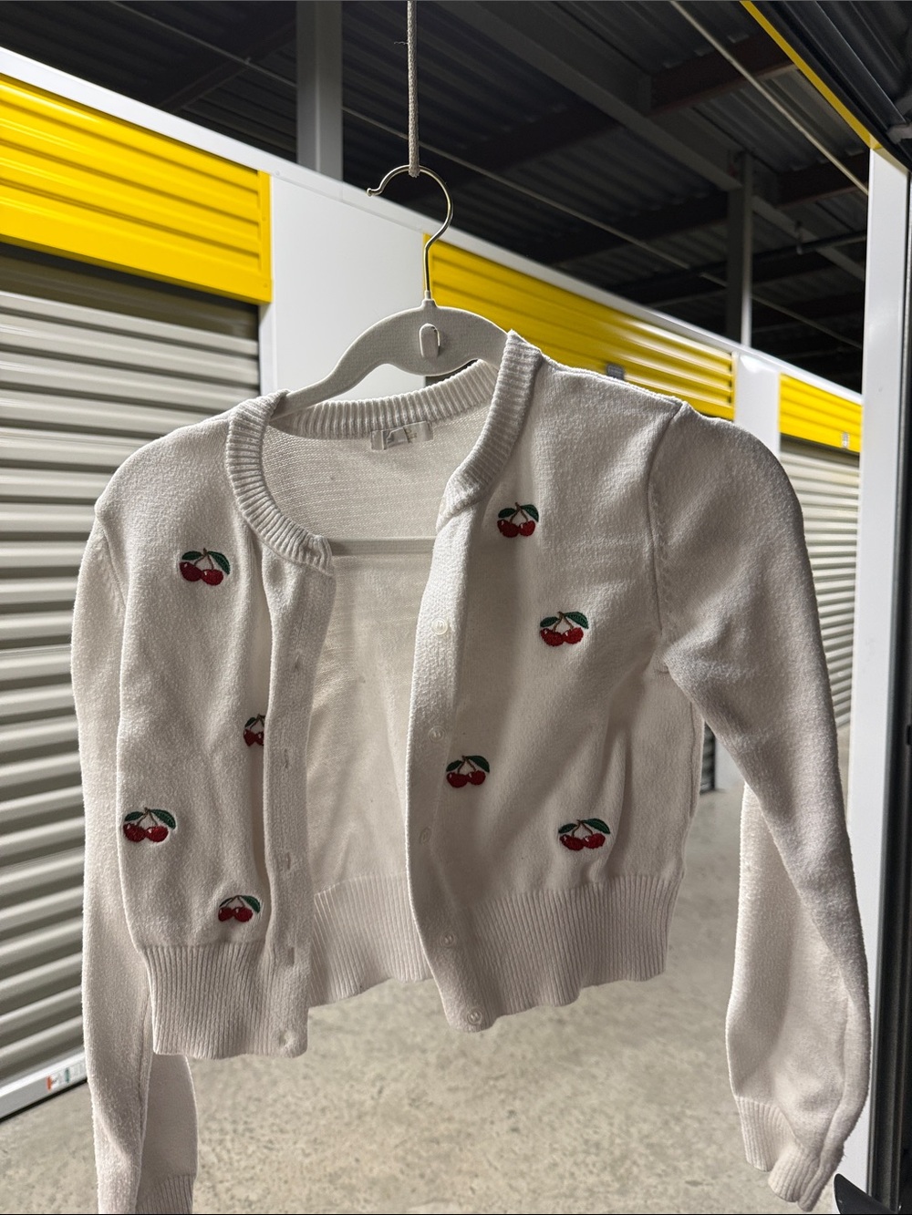 White Cherry Embroidered Cropped Cardigan Sweater